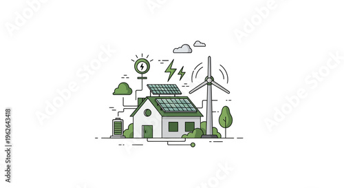 Ecofriendly house with solar panels and wind turbine 1. EPS Editable. Vector Illustrations.