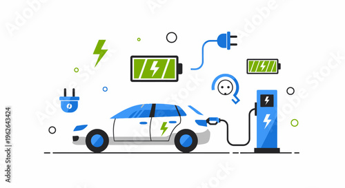 Electric Car Charging Station with Battery Icons. EPS Editable. Vector Illustrations.