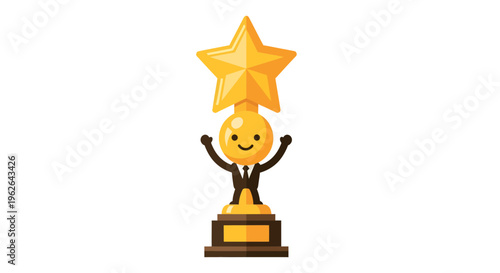 Triumphant cartoon character figure holding up a star trophy on a pedestal