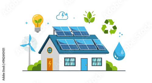 Ecofriendly house with solar panels and wind turbine. EPS Editable. Vector Illustrations.