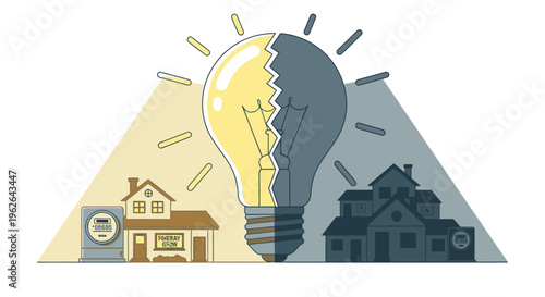 Energy Efficiency and Conservation Illustrated with Light Bulb and Houses. EPS Editable. Vector Illustrations.