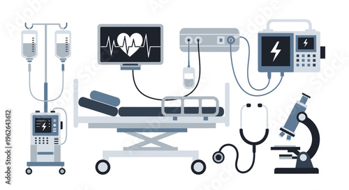 Medical Equipment and Hospital Bed Illustration. EPS Editable. Vector Illustrations.