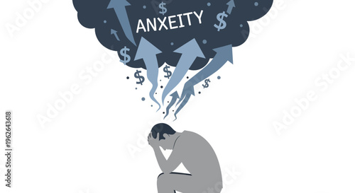Man overwhelmed by financial anxiety and stress. EPS Editable. Vector Illustrations.