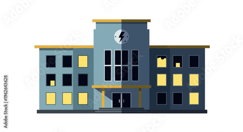 Modern School Building with Brightly Lit Windows. EPS Editable. Vector Illustrations.