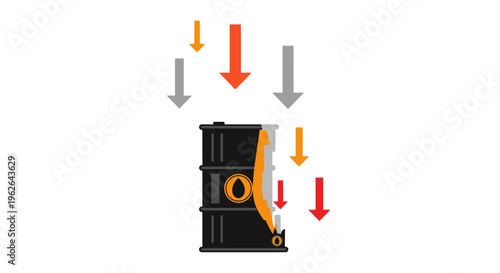 Oil barrel with arrows indicating falling prices and market decline. EPS Editable. Vector Illustrations.