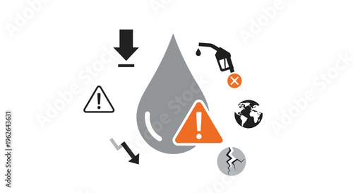 Oil Drop With Warning Signs And Global Impact Icons. EPS Editable. Vector Illustrations.