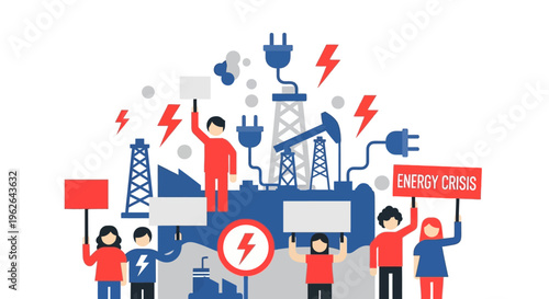 People protesting energy crisis with oil rigs and power plugs. EPS Editable. Vector Illustrations.