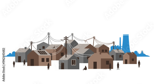 Slum settlement with dilapidated houses and industrial backdrop. EPS Editable. Vector Illustrations.