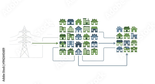 Smart Grid Energy Distribution Network with Residential and Commercial Buildings. EPS Editable. Vector Illustrations.