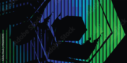 Abstract futuristic geometric design featuring a layered hexagonal shape with a hollow center, soft glow