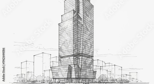 Architectural Sketch of a Modern Skyscraper with Surrounding Buildings