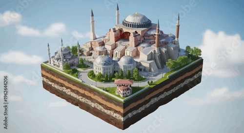 Isometric view of Hagia Sophia, a historic architectural marvel in Istanbul, showcasing its grandeur and intricate details