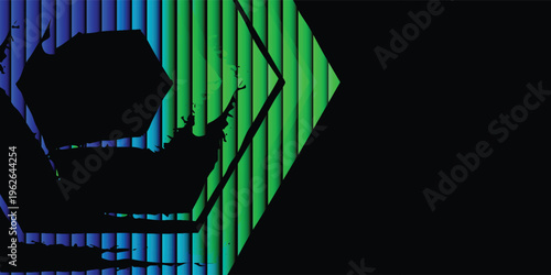 Abstract futuristic geometric design featuring a layered hexagonal shape with a hollow center, Gradient colors transitioning from deep blue to cyan and neon green