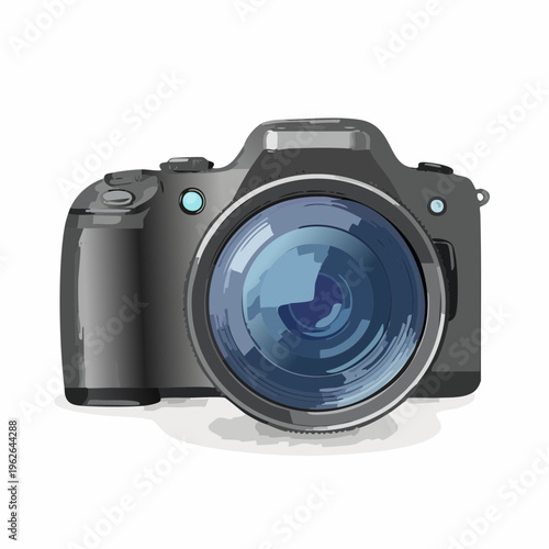 Professional digital camera with large lens is isolated on a bright white background for photography equipment rental.