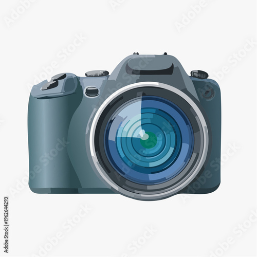 Professional digital camera with large lens is isolated on a bright white background for photography equipment rental.