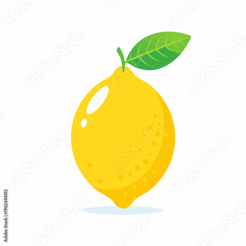 Single yellow lemon with green leaf is isolated on a pure white background for citrus food juice.