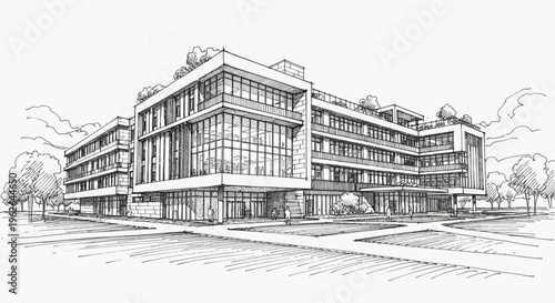 Detailed architectural sketch of a modern urban building. Contemporary design with sleek glass facades and integrated greenery, ideal for urban development visualization