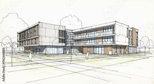 Architectural rendering of a modern multi-story building with large windows and balconies, surrounded by trees and a street