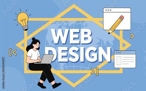 Modern Web Design Illustration with Female Designer Working on Laptop and Creative Icons