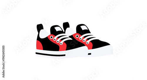 Two pairs of modern fashionable sneakers in striking black, white, and red coloring footwear