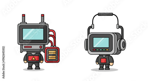 Two cute cartoon style robots with monitors for heads and simple character bodies