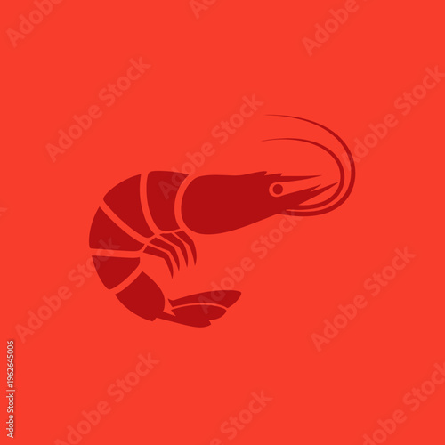 A vibrant red image of a shrimp. Its silhouette stands out against the solid background. This minimalist design emphasizes the form of the shrimp