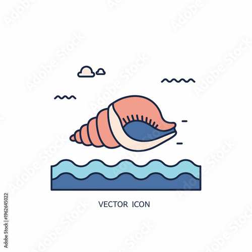 A stylized illustration of a seashell floating on ocean waves 