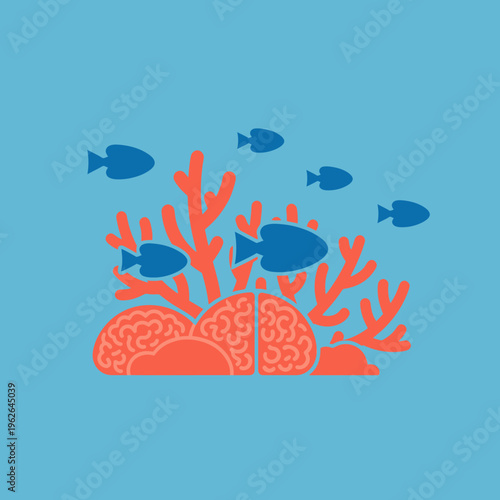 A vibrant illustration showcasing brains and marine life elements, with coral and fish against a blue backdrop. The artistic representation creatively blends science and nature