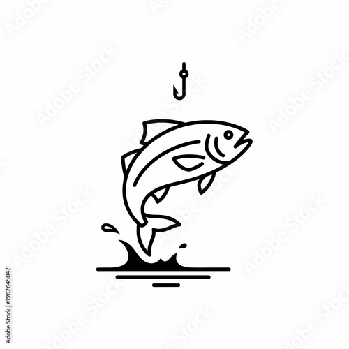A line art illustration of a fish jumping towards a fishing hook 