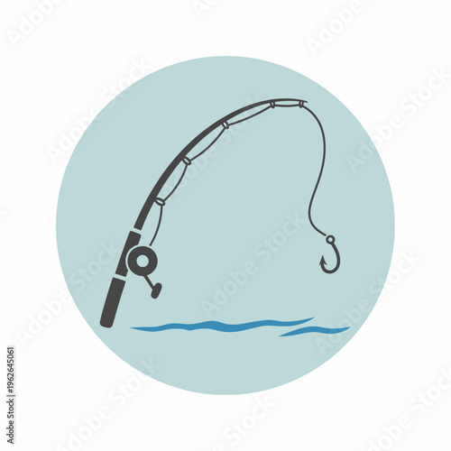 An illustration of a fishing rod with a hook in water, within a light blue circle