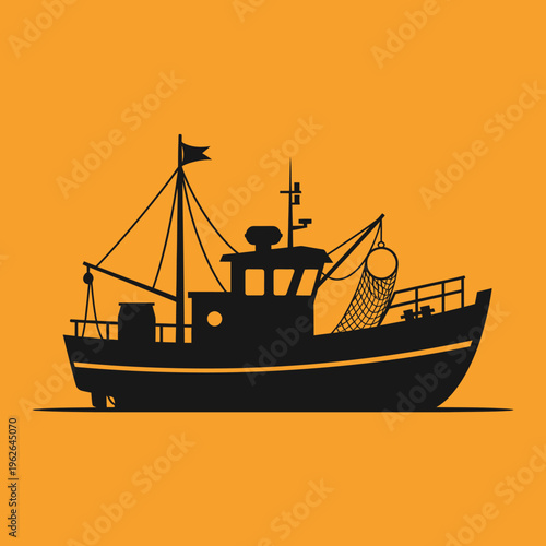 A silhouette of a fishing boat with its net. It captures the essence of sea adventure
