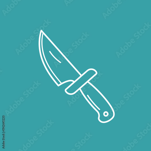 An illustration of a knife with a sharp blade. The image depicts a white knife with a dark background.