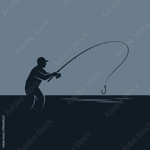 A lone fisherman silhouette casting a fishing rod in a calm body of water. The scene evokes tranquility and patience, capturing a moment of quiet focus. 