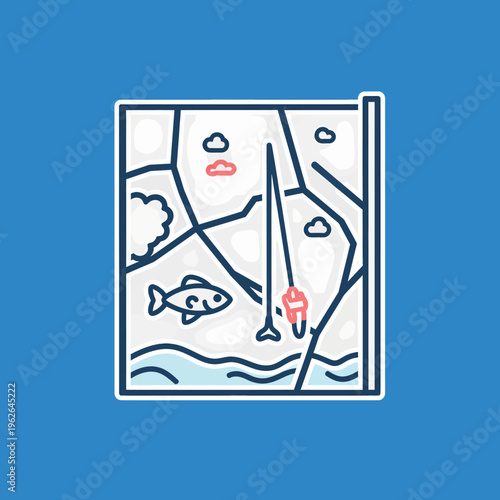 An illustration depicting fishing with a fishing rod in water, and fish with clouds and a tree.