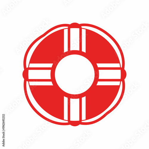 A lifeguard's life preserver with a circular design. It is primarily red and white, symbolizing safety and rescue