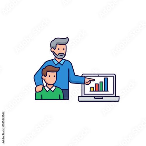 Illustration of a man showing a presentation on a laptop to a younger person, symbolizing mentorship and knowledge transfer in a professional setting