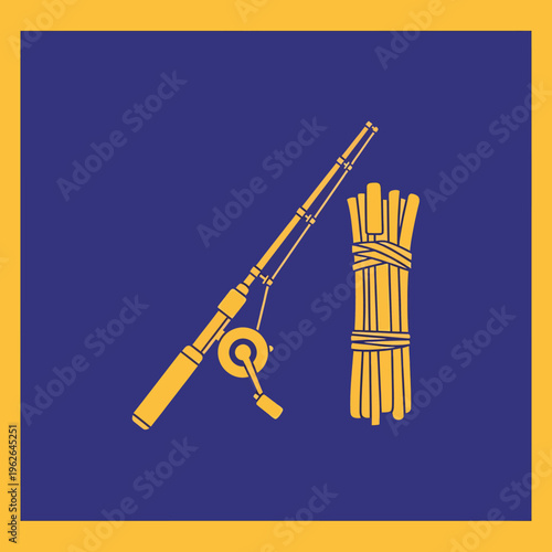 Fishing rod and fish bait on a blue backdrop. Perfect for representing the joy of fishing and the art of angling.