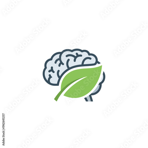 Green Leaf Brain Icon Representing Mental Wellness, Cognitive Health, and Natural Thinking for a Balanced and Sustainable Lifestyle