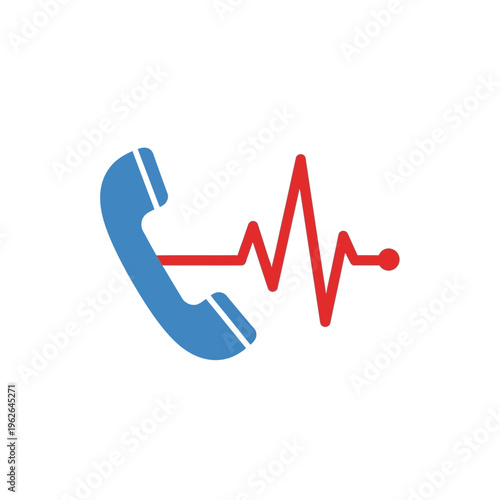 Flat color illustration representing a landline telephone handset connected to a heart monitor line indicating health or a call connection