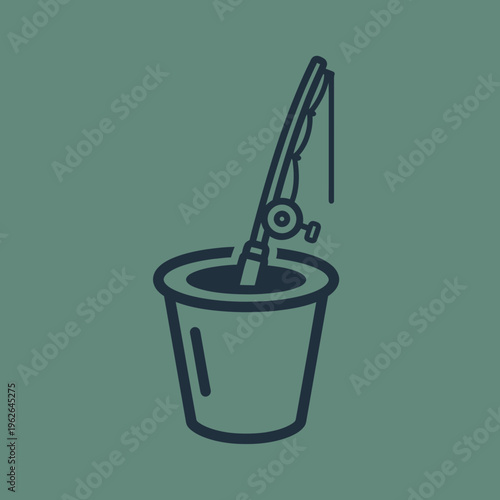 An illustration of fishing rod in a bucket. A simplified, minimalist design perfect for projects related to fishing or outdoor activities.