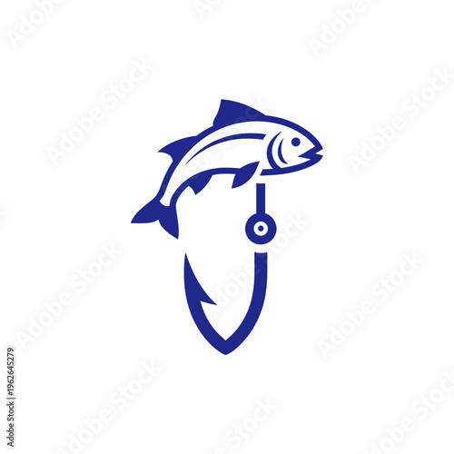Fishing emblem illustration, a fish hanging on a hook in a clean blue color. The imagery is simple, bold, and highly symbolic, representing the timeless act of fishing