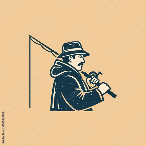 An illustration depicting a fisherman carrying his fishing rod, ready for a day of angling. The image features a vintage style design and a calm color palette.