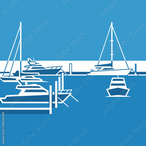 Minimalist illustration of boats docked at a marina against a blue background