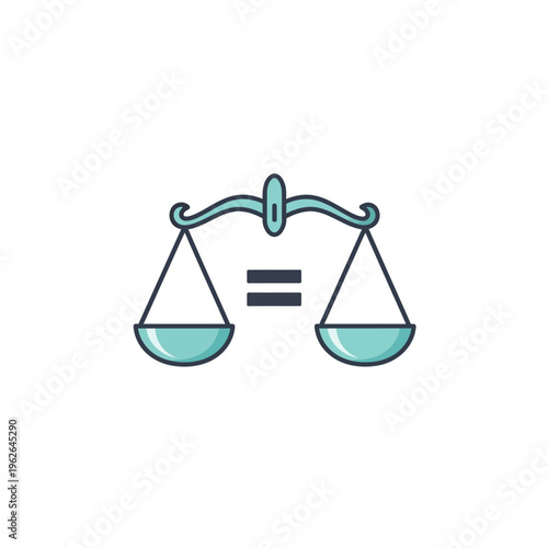 Flat color illustration of a classic balance scale icon with an equals sign, symbolizing justice, equality, and fairness in legal and ethical contexts, ideal for UI/UX design