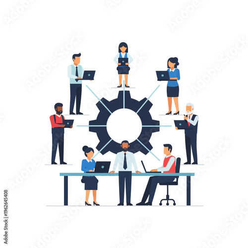 Business teamwork and collaboration, illustrated by a diverse group of people working together around a table with a large gear symbol representing efficiency and synergy