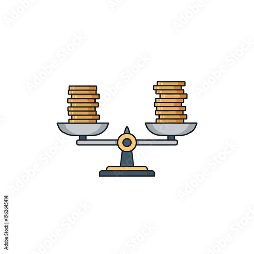 Flat color illustration of a balance scale with unequal stacks of golden coins, symbolizing financial disparity, economic imbalance, and wealth inequality concept