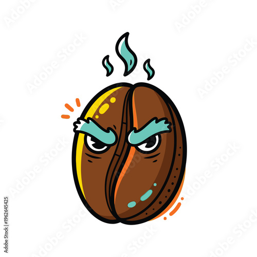 Angry coffee bean cartoon face closeup.