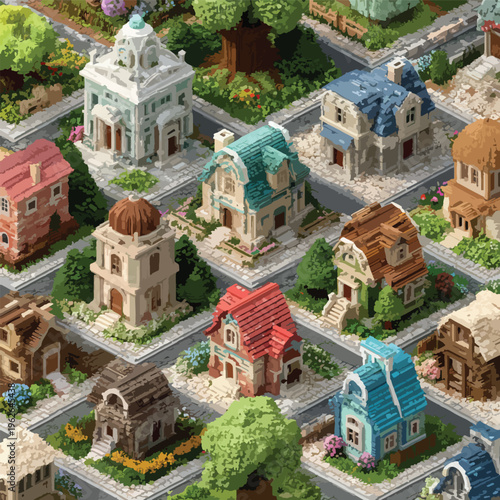 Isometric Fantasy Village with Cozy Houses and Gardens