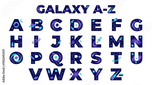 Galaxy alphabet letters in blue. EPS Editable. Vector Illustrations.