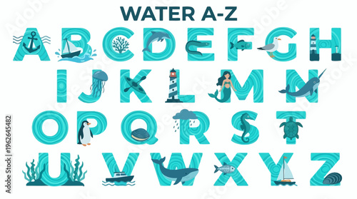 Water alphabet with aquatic animals. EPS Editable. Vector Illustrations.